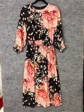 Black Floral Midi Dress with Pink Coral Blooms and Smocked Waist